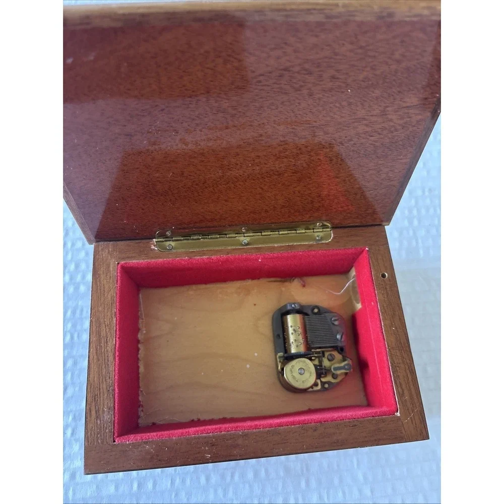 Vintage Reuge Wooden Music Box Red Felt Inside Plays White Christmas